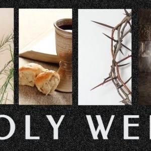 Holy Week symbols including palm leaves, bread and wine, a crown of thorns, and an empty tomb.