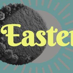 Easter graphic with floral moon and sunburst background.