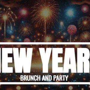 Colorful fireworks lighting up the sky with "New Years Brunch and Party" text overlay.