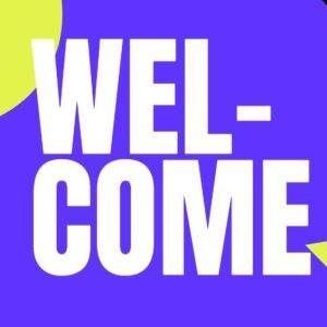 Bold "Welcome" text in white with vibrant purple background and geometric shapes