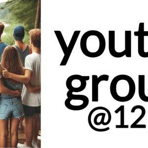 Group of young people overlooking a river in nature next to text promoting a youth group meeting at 12 pm.