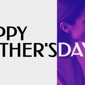 A mother tenderly kisses her daughter's forehead against a vibrant purple background with bold text reading Happy Mother's Day.