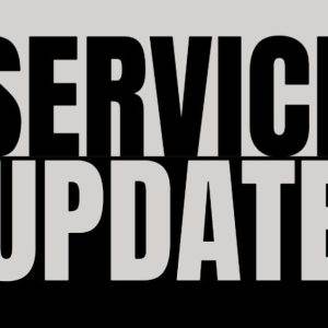 Service update banner with bold text and monochrome design.