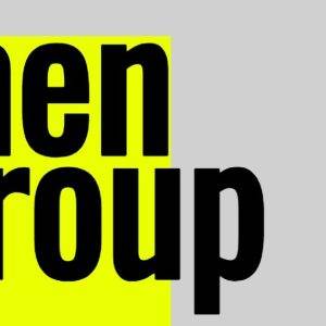 Black bold text 'men group' on a vibrant yellow square background with gray backdrop.