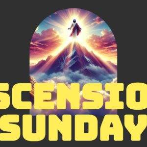 Vibrant illustration of Ascension Sunday with a glowing figure above a mountain.