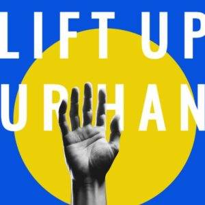 A raised hand in front of a yellow circle on a blue background with the words "LIFT UP YOUR HANDS" in bold white text.