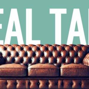 Brown leather Chesterfield sofa with 'Real Talk' text in bold against a teal background.