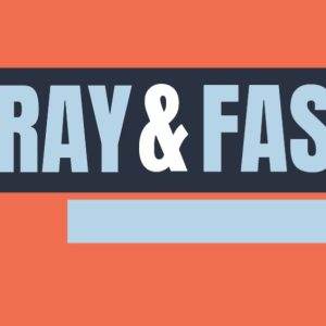 Pray and Fast graphic with praying hands on orange background