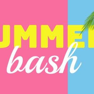 Summer Bash event graphic with bright colors and palm leaf, perfect for party promotions.