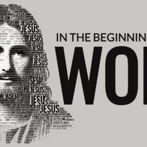 Jesus portrait composed of various 'Jesus' wordings with the text "In the beginning was the Word"