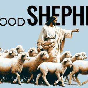 Jesus guiding a flock of sheep, representing the Good Shepherd theme, on a light blue background.