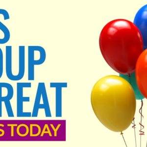 Colorful balloons promoting a kids group retreat with a yellow background