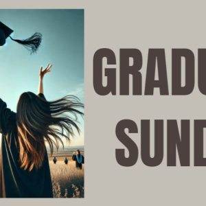 Graduate throwing cap in the air with "Graduate Sunday" text, celebrating graduation in a field at sunset.