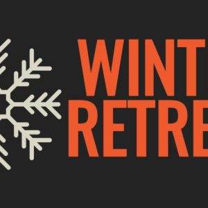 Winter Retreat logo featuring a white snowflake and bold orange text on a black background.