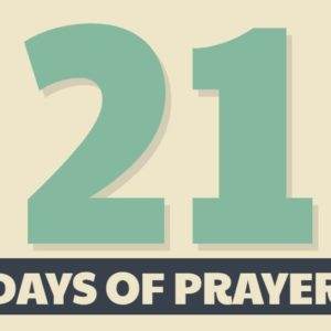 21 Days of Prayer text in bold green and black on a beige background