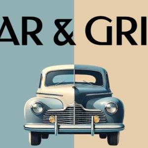 Vintage car illustration with split pastel background and bold 'Gear & Grind' text.