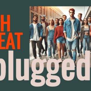 A diverse group of young adults in casual outfits walking together, promoting Youth Retreat Unplugged event.