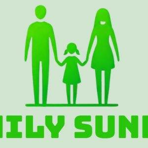 Silhouette of a family holding hands with text "Family Sunday".