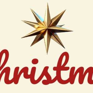 Golden star and the word Christmas in red on a beige background