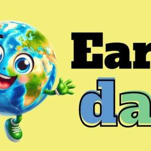 Cheerful cartoon Earth celebrating Earth Day with colorful text.