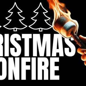 Hand roasting a marshmallow over an open flame with Christmas Bonfire text and tree icons.