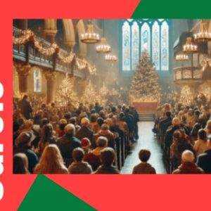 Festive Christmas carols event in a beautifully decorated church filled with a joyous crowd