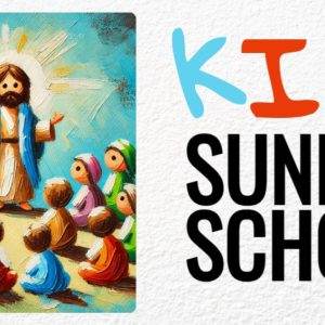 Colorful illustration of children gathered around a figure for Kids Sunday School.