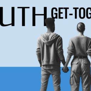 Three young people holding hands at a youth get-together event.