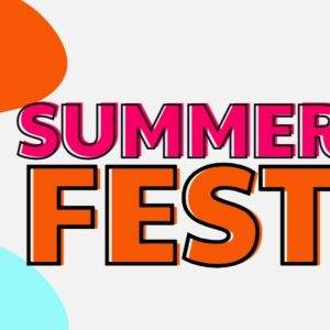 Summer Fest graphic with bold text and colorful abstract shapes