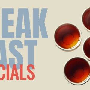 Four steaming cups of tea next to bold text reading "Breakfast Socials" on a light background.