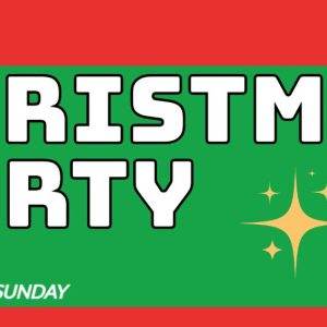 Festive Christmas Party flyer in red and green with festive stars and bold white text inviting to join this Sunday.