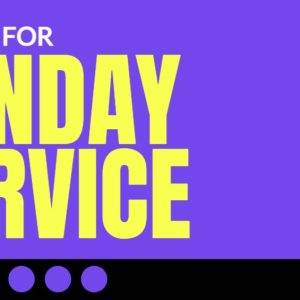 Bright purple and yellow announcement for Sunday service with bold text and circular design elements.