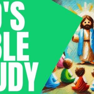 Colorful illustration of Jesus teaching children with the text "Kid's Bible Study" in bold green.