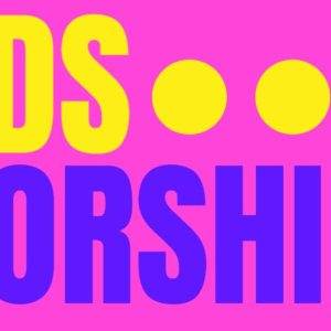 Bright poster with bold 'Kids Worship' text in yellow and blue, set against a vibrant pink background with three yellow dots.