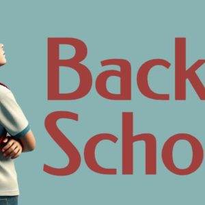 Young student with a red backpack standing next to a "Back to School" sign against a light blue background.