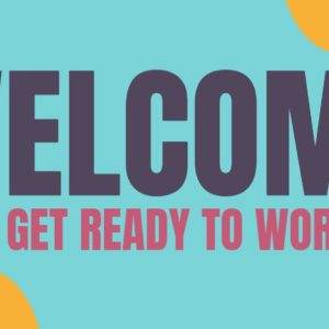 Colorful welcome sign encouraging readiness for worship with abstract yellow and blue background.