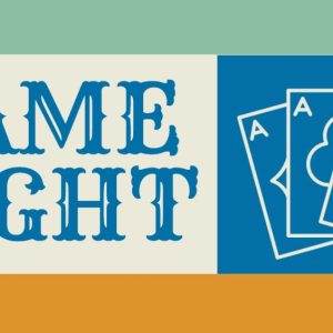 Colorful Game Night banner with three playing cards and ornate text.