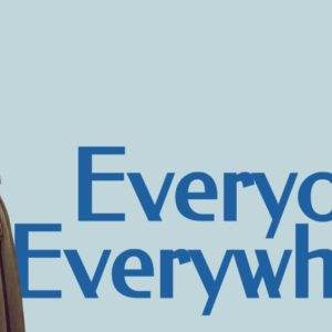 Jesus hugging a child with the text "Everyone Everywhere" in blue on a light blue background.