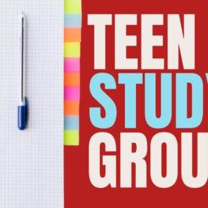 Notebook with sticky notes and a pen beside bold text "Teen Study Group" on a red background.