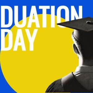 Student in cap and gown from behind, with the text 'Graduation Sunday' on a blue and yellow background.