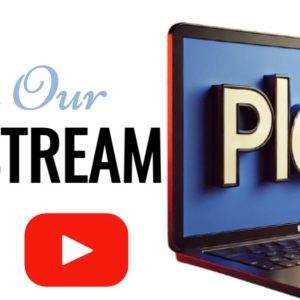 Invitation to join our livestream with Facebook and YouTube logos beside a laptop displaying the word "Play".