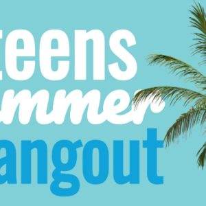 Graphic promoting a teens summer hangout with a tropical palm tree.