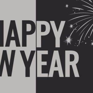 Minimalist Happy New Year graphic with fireworks and bold text