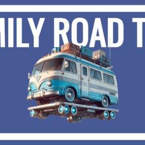 Futuristic camper van with FAMILY ROAD TRIP text on a bold blue background