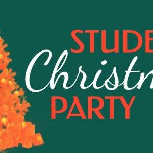 Bright Christmas tree with gifts and "Student Christmas Party" text.