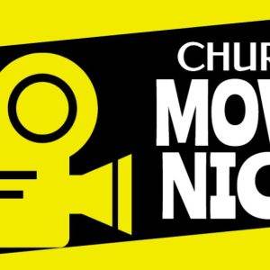 Yellow and black church movie night poster with a yellow film camera icon.