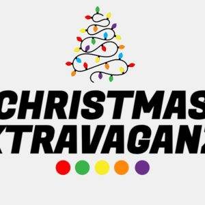 Illustrated Christmas tree and colorful text "Christmas Extravaganza" on a white background with vibrant festive colors.