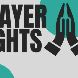 Prayer Nights banner with teal circles and praying hands icon.