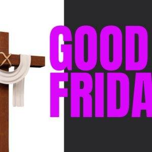 Wooden cross with white cloth and 'Good Friday' text in bold purple