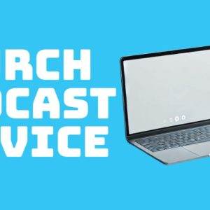 Church podcast service with a laptop and microphone on a blue background.